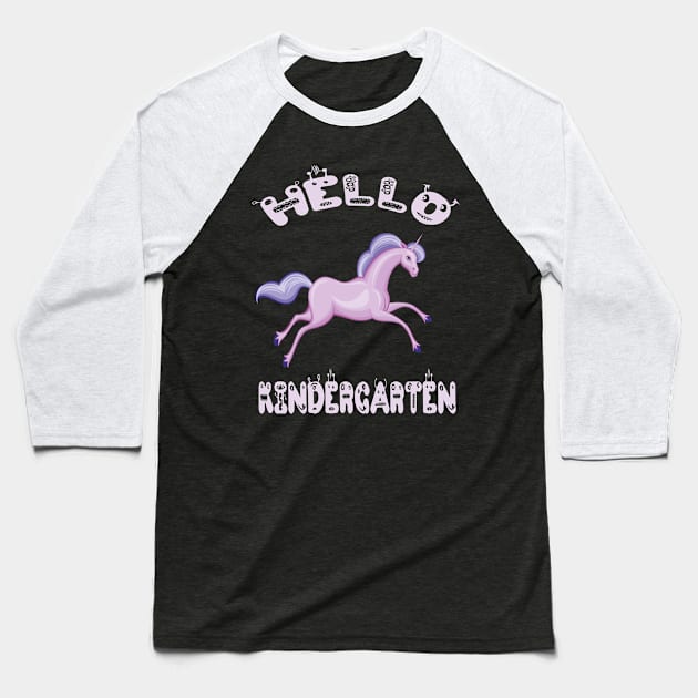 Hello Kindergarten Colorful Unicorn Back-To-School Preschool Design Baseball T-Shirt by familycuteycom